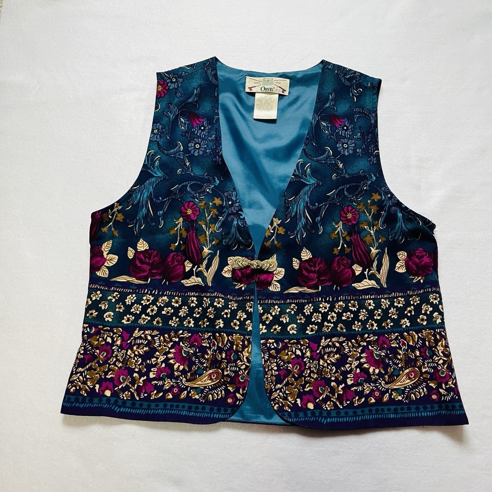 Vintage Orvis Floral Tapestry Vest Womens Sz 6 Gold Braided Button USA Made Boho